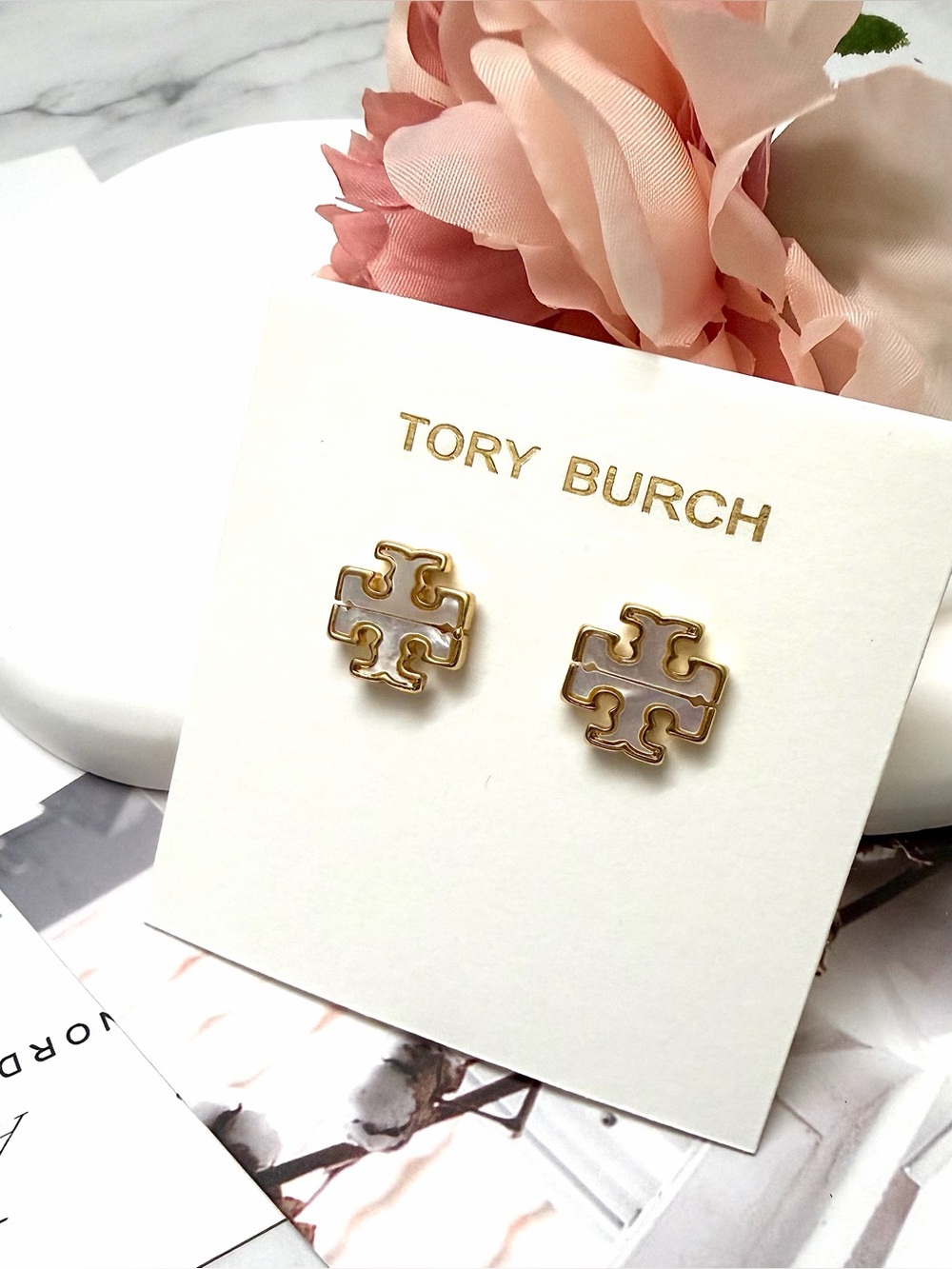 Tory Burch Pearl White Logo Stud Earrings